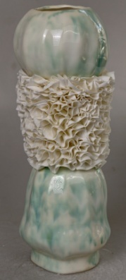 Cream and green closed-rim ruffle ceramic vase in the Tongxin ceramic collection