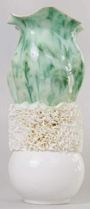 Cream and green skirted ruffle ceramic vase in the Tongxin ceramic collection