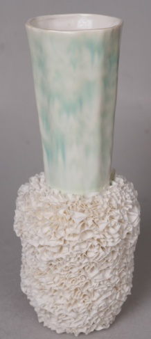 Cream and green tall ruffle ceramic vase in the Tongxin ceramic collection