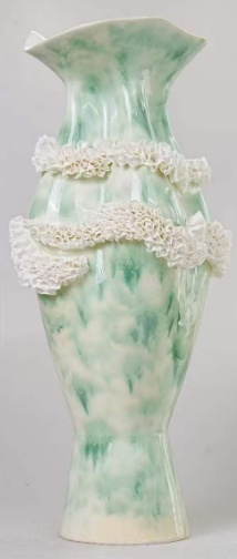 Cream and green waisted ruffle ceramic vase in the Tongxin ceramic collection