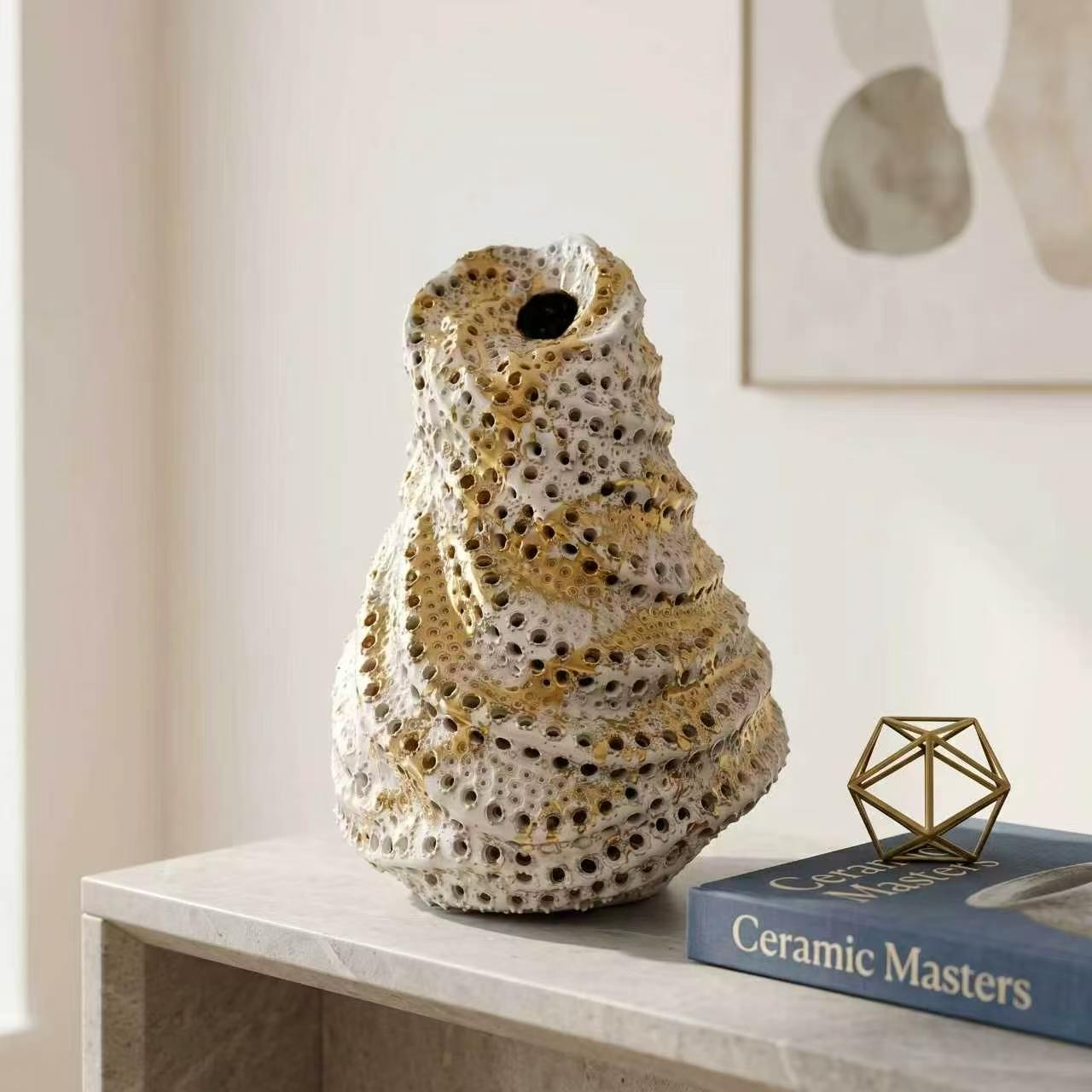Dotted pear vase, gold on cream