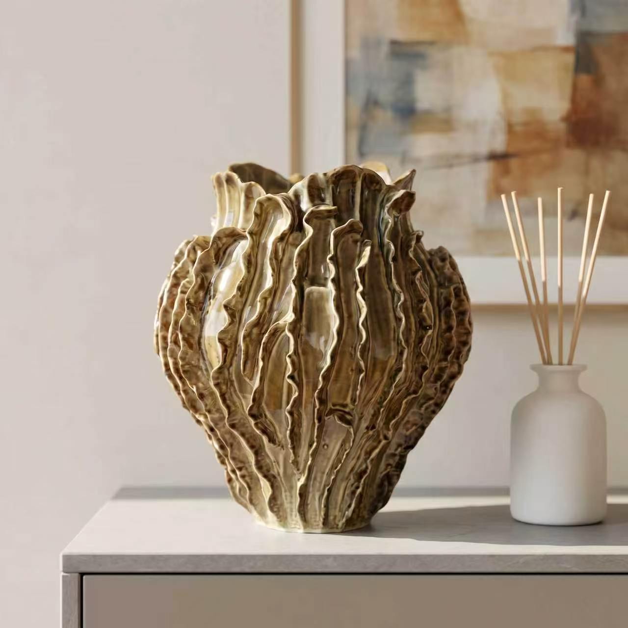 Ruffled sculptural vase, gold