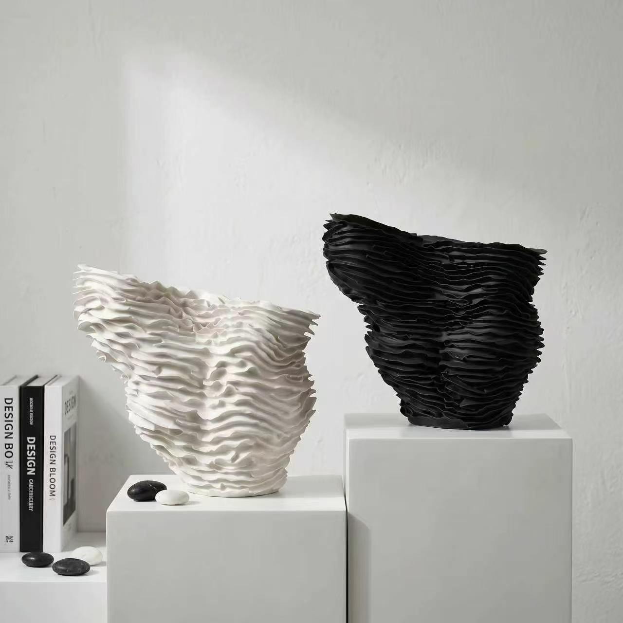 Pleated wave vase pair, white and black