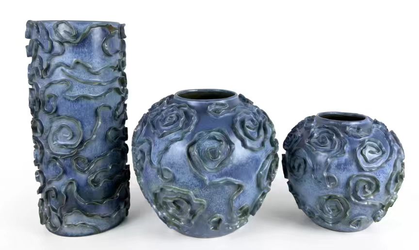 Rose relief vase trio, blue