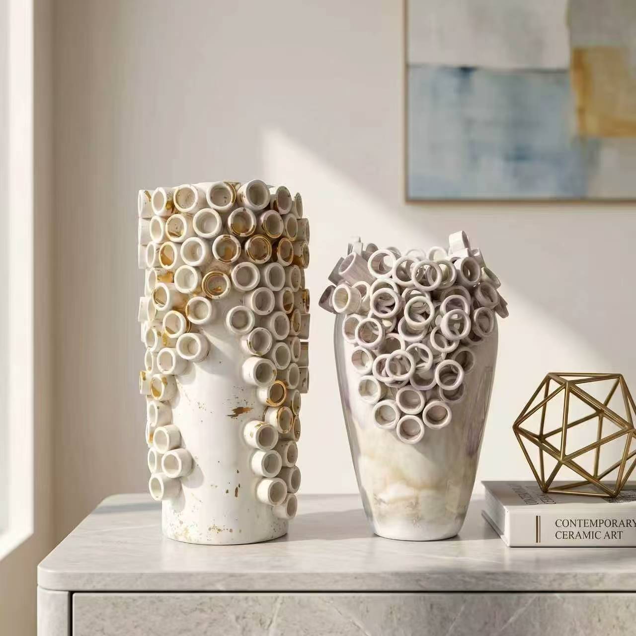 Tube cluster vase pair, white