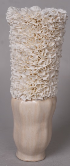 Reactive beige open-rim ruffle ceramic vase in the Tongxin ceramic collection