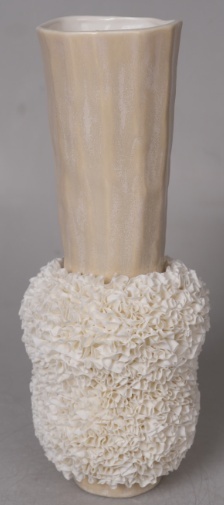 Reactive beige tall ruffle ceramic vase in the Tongxin ceramic collection